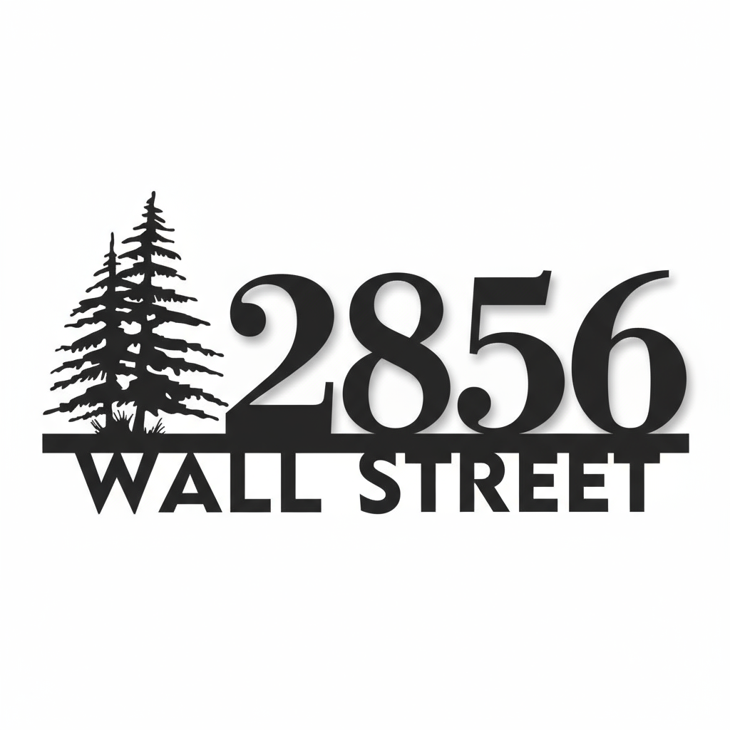Black metal sign with '2856 WALL STREET' and tree design on a white background
