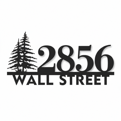 Black metal sign with '2856 WALL STREET' and tree design on a white background