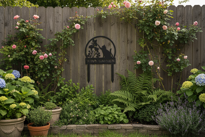 Custom metal garden sign displayed in lush garden setting