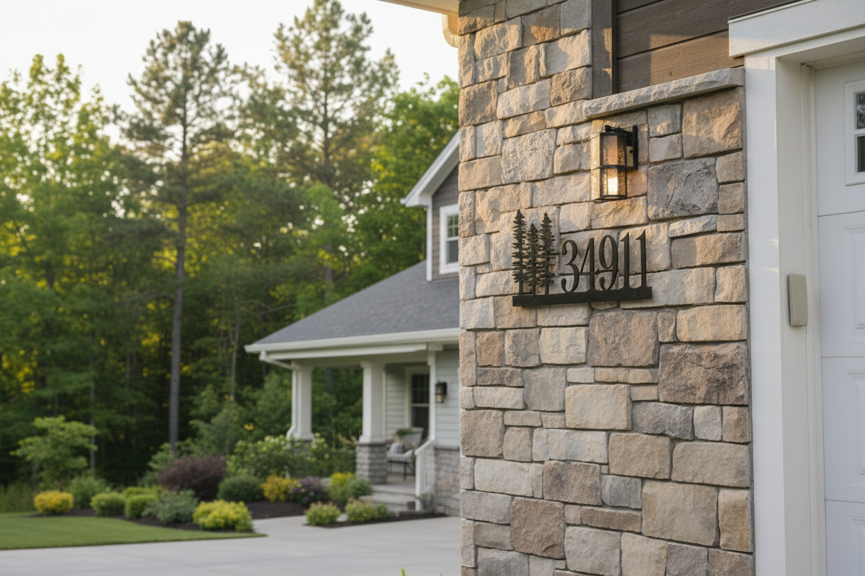 Forest design metal address sign on rustic home with natural surroundings