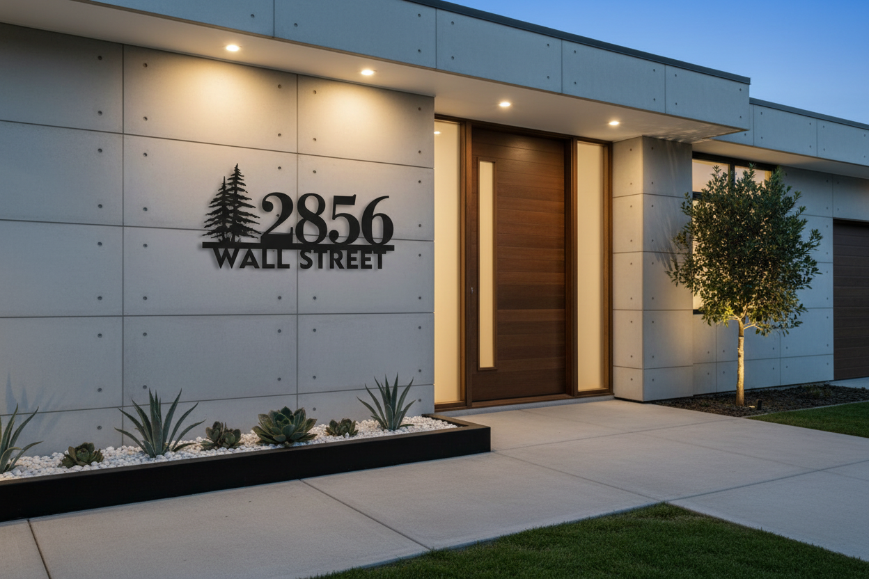 Custom metal address sign installed on modern home exterior