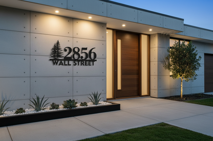 Custom metal address sign installed on modern home exterior