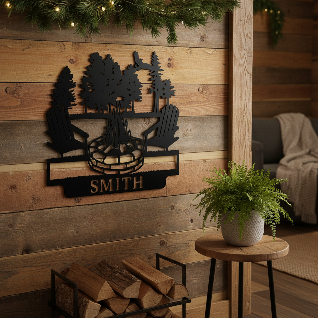 Cottage campfire metal name sign mounted on rustic cabin wood wall