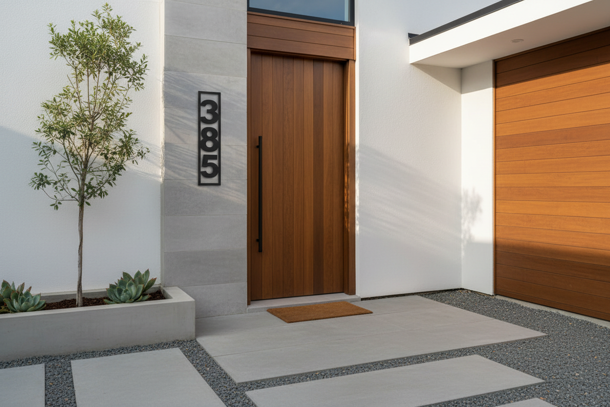 Vertical metal address sign mounted on modern home entrance