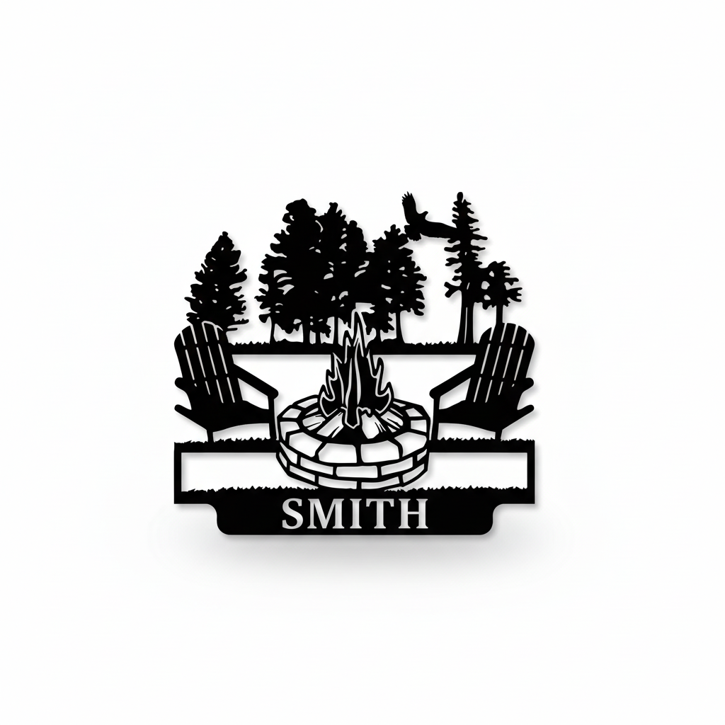 Cottage campfire metal name sign on white studio background