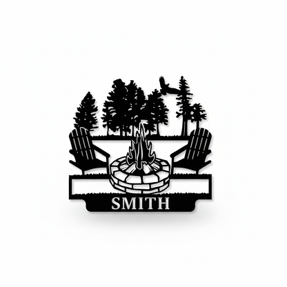 Cottage campfire metal name sign on white studio background
